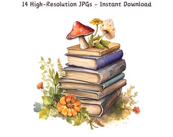 May include: A stack of vintage books with a red and white mushroom, yellow flowers, and green leaves on top. The books are arranged in a pile with the oldest book on top and the newest book on the bottom.