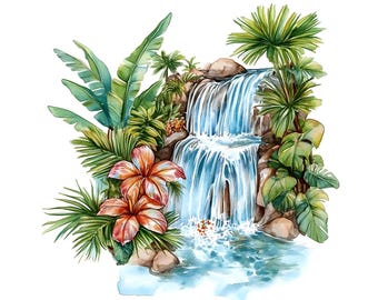Tropical Waterfalls Watercolor Clipart: 16 JPGs (Digital Download)