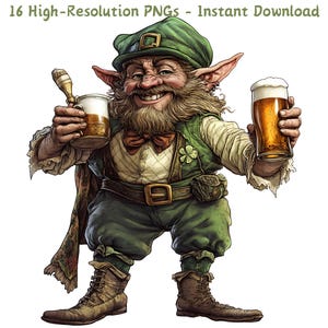 Vintage kabouter drinken bier clipart, St. Patrick's Day karikatuur png voor ambachten, scrapbooking en kaarten maken, commercieel gebruik