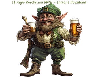 Vintage Leprechaun Drinking Beer PNG Clipart: 16 St. Patrick's Day Caricature (Commercial Use)