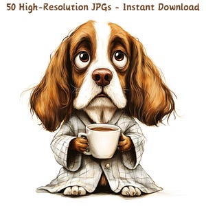 Imágenes prediseñadas de perros divertidos y extravagantes con tazas de café, 50 razas, ilustraciones peculiares de perros en acuarela, 50 archivos JPG, descarga digital