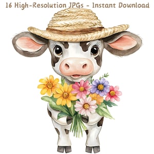 Cute Cartoon Cow Watercolor Clipart, Floral Cow Art, 16 JPG Files, Farm Animal Printable, Cow with Flowers Illustration, Digital Download