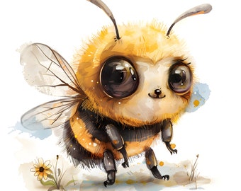 Watercolor Bee Clipart, Funny Quirky Bee Illustration (Digital Download)