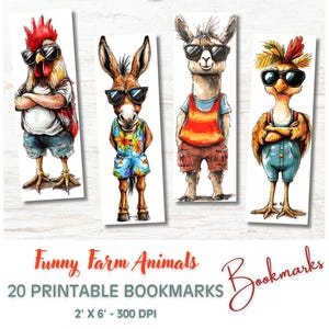 Funny Farm Animal Bookmarks in Summer Outfits with Sunglasses, 2x6&quot; Printable Bookmarks, 20 PNG/JPG Files, Digital Download, Commercial Use