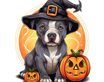 May include: A black and white pit bull terrier wearing a black witch hat with a gold buckle, sitting with two orange pumpkins in front of it. The background is a yellow and orange swirl.