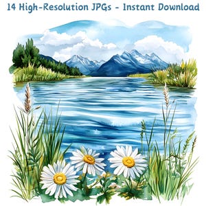 Watercolor Lake & Mountains Clipart, 14 JPG Scenic Landscape Digital Art for Scrapbooking, Wall Art, DIY Crafts, Junk Journal, Commercial