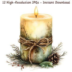 May include: A watercolour illustration of a lit candle with a rustic design. The candle is wrapped with twine and decorated with pine needles, a pine cone, and berries. The text "12 High-Resolution JPGs - Instant Download" is at the top.