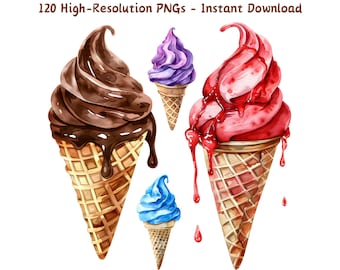 Può includere: Quattro illustrazioni ad acquerello di coni gelato. Un cono ha gelato al cioccolato con salsa al cioccolato, uno ha gelato alla fragola con salsa alla fragola, uno ha gelato viola e uno ha gelato blu.