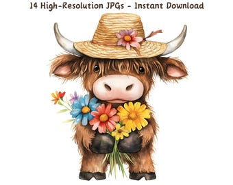 Floral Highland Cow Watercolor Clipart, Farmhouse Art (JPG Files)