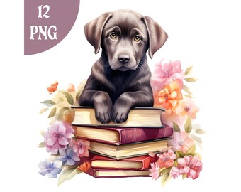 Labrador Puppy Clipart: Dog on Books PNG (Digital Download)