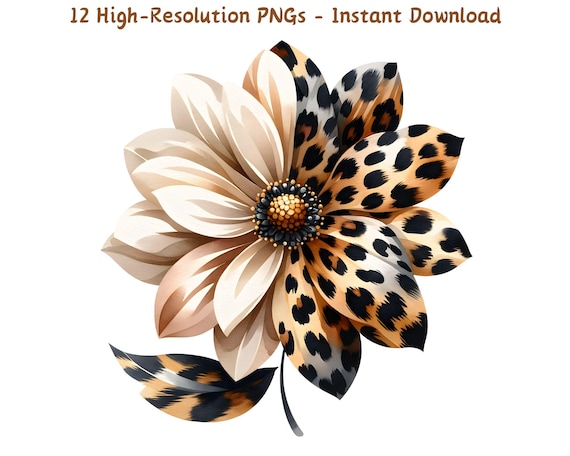 Watercolor Leopard Print Flower Clipart: Elegant PNG Design
