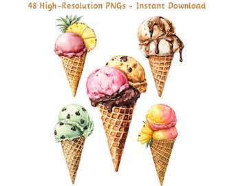 Può includere: Cinque illustrazioni ad acquerello di coni gelato con gusti diversi. I coni sono tutti su uno sfondo bianco. I gusti includono fragola, gocce di cioccolato, menta e cioccolato, vaniglia e mango.