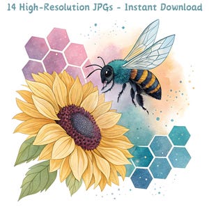 Watercolor Bee & Sunflower Clipart, 14 JPG Cute Bumblebee Digital Art for Scrapbooking, Card Making, DIY Crafts, Junk Journal, Commercial