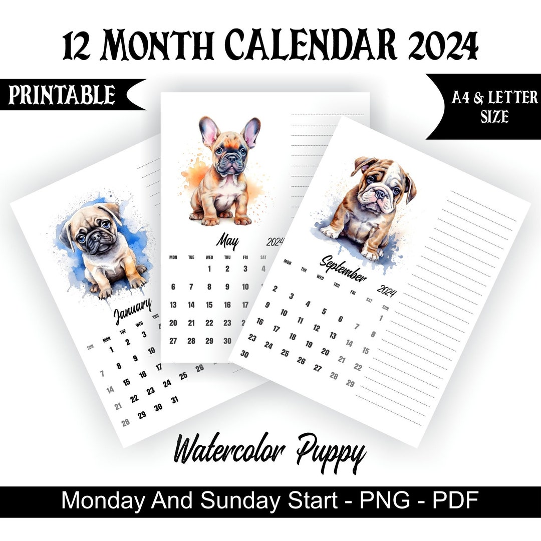 Dog Calendar, 2024 Calendar, Puppy Calendar, Monday Start, Sunday Start