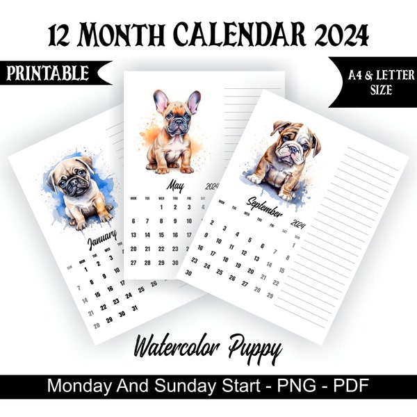 Dog Calendar, 2024 Calendar, Puppy Calendar, Monday Start, Sunday Start, Printable Calendar, Monthly Calendar Printable, A4, Letter Size