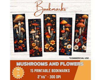 Watercolor Mushroom Bookmarks: Floral Printable Set (Digital Download, PNG/JPG, 2x6 Inch)