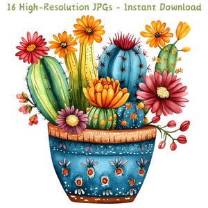 Cactus coloré avec des fleurs aux couleurs vives des cliparts, art numérique 16 JPG pour le scrapbooking, fabrication de cartes et travaux manuels, téléchargement numérique, usage commercial