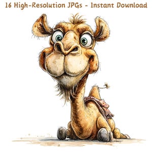 Clipart di un cammello divertente in acquerello, disegno di un animale bizzarro e bizzarro, 16 file JPG, illustrazione di un animale del deserto, creazione di biglietti, download digitale