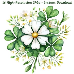 Clipart fleurs aquarelles de la Saint-Patrick, 16 JPG, trèfle porte-bonheur, fleurs irlandaises, fabrication de cartes, scrapbooking, créations en papier, téléchargement numérique