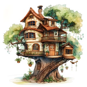 Whimsical Tree House Clipart, 16 High Quality JPG, Watercolor Clip Art, Digital Paper Craft, Card Making, Scrapbook Images, Commercial Use