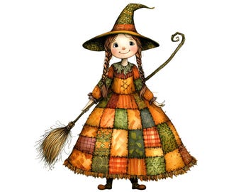 Patchwork Witch Clipart, Scrapbook Images (Digital Download) Halloween