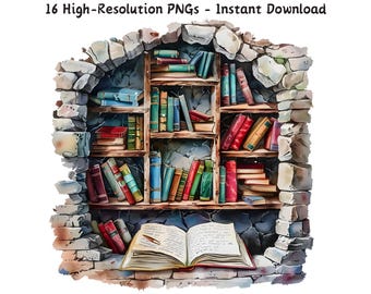 May include: A stone archway with a bookshelf filled with colorful books. An open book with a pen lies on the stone floor below the bookshelf.
