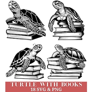 Meeresschildkröte sitzen auf Büchern Vektor, 18 SVG & PNG, Schildkröte Silhouette, Schildkröte Clipart, Buchliebhaber, digitaler Download, kommerzielle Nutzung