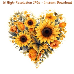 Clipart de girassol em forma de coração, arte floral em aquarela para o dia dos namorados, coração de girassol romântico, 12 JPG, download digital, uso comercial