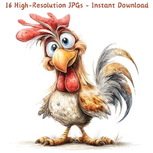 Funny Rooster Watercolor Clipart, Whimsical Quirky Farm Animal Art, 16 JPG Files, Cute Chicken Illustration, Card Making, Digital Download