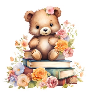 Pile de livres avec des cliparts ours en peluche, 16 JPG, livres aquarelle, ours en peluche aquarelle, décoration de chambre d'enfants, rentrée des classes, usage commercial