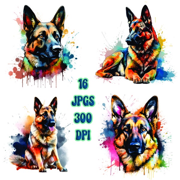 German Shepherd Clipart, 16 JPGs, Watercolor Clipart, German Shepherd Wall Art, German Shepherd Art Print, Digital Clipart, Commercial Use