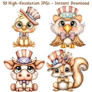 Clipart di cuccioli patriottici del 4 luglio / Animali dei cartoni animati ad acquerello con cappelli dello Zio Sam / 50 file JPG / Arte festiva degli USA / Junk Journal