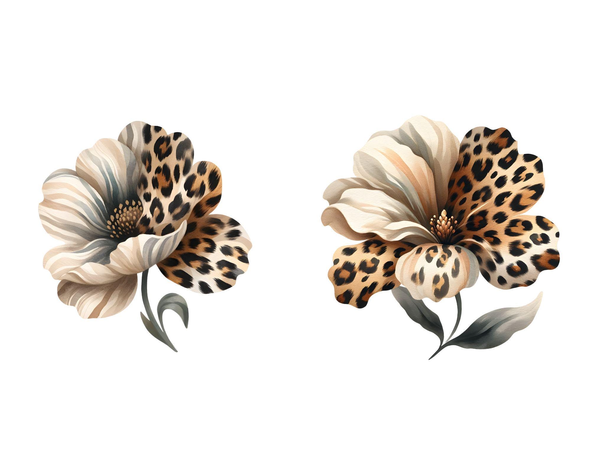 Watercolor Leopard Print Flower Clipart: Elegant PNG Design