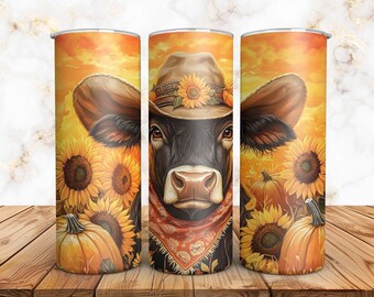 Autumn Bull 20oz Skinny Tumbler Wrap, Sublimation Cowboy Bull PNG, Seamless Design, Straight Tapered, Digital Download