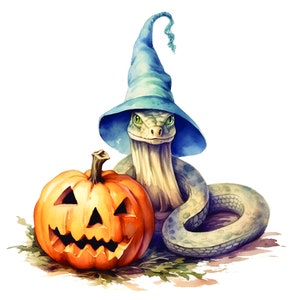 Clipart de cobra de Halloween em aquarela com abóbora e chapéu de bruxa, ilustração de cobra assustadora, clipart de Halloween, 16 arquivos JPG. Uso comercial