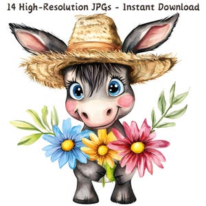 Niedliche Cartoon Maultier Aquarell Clipart, Maultier hält Blumen, 14 JPG-Dateien, Bauernhof Tier Kunst, Blumen Maultier bedruckbar, Kartenherstellung, digitaler Clip