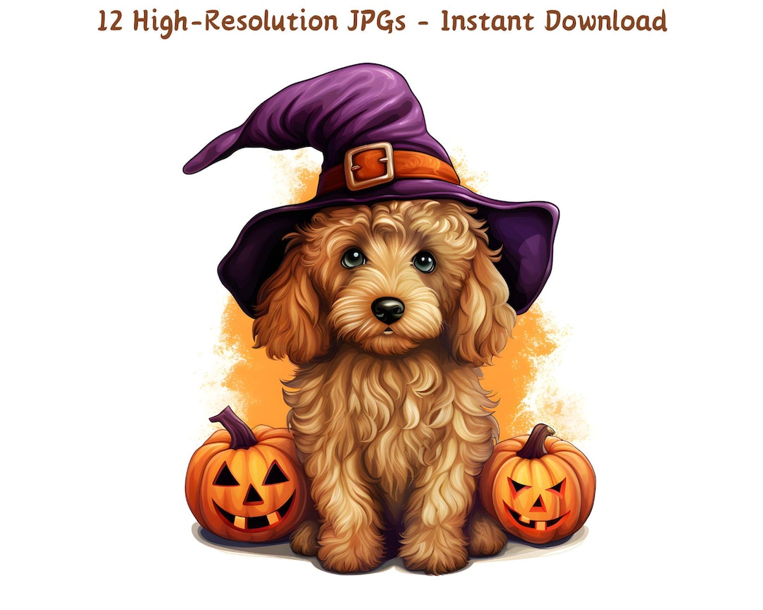 Halloween Goldendoodle Dog Clipart – Witch Hat & Pumpkin Watercolor Art ...