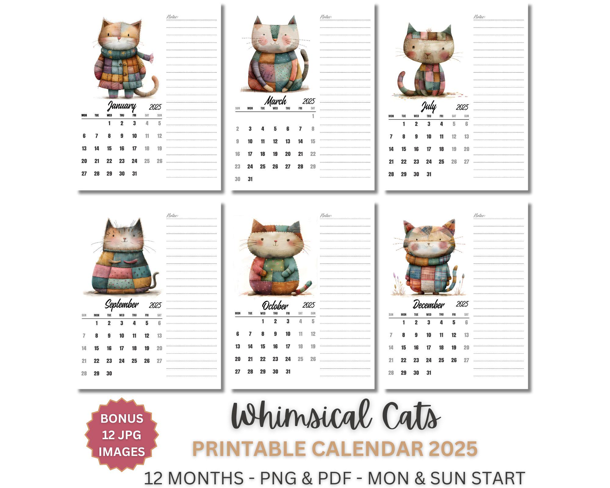 whimsical-cat-calendar-2025-cute-kitten-calendar-monday-and-sunday-start-printable-monthly-calendar-a4-letter-size-etsy