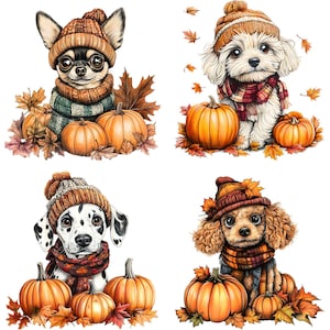 May include: Four watercolor illustrations of dogs dressed for fall. Each dog wears a knit hat and scarf, surrounded by pumpkins and autumn leaves. Breeds include a Chihuahua, Maltese, Dalmatian, and a Cocker Spaniel.