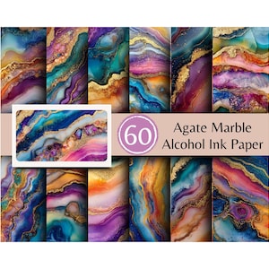 May include: 60 sheets of agate marble alcohol ink paper. The paper features a variety of colorful abstract patterns with gold accents.