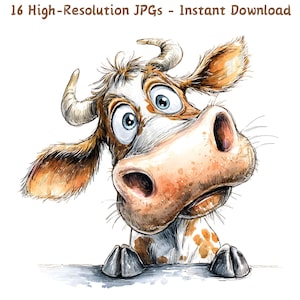 Clipart de acuarela de vaca divertida, arte de animales de granja extravagantes y caprichosos, 16 archivos JPG, vaca de dibujos animados adorable, creación de tarjetas, diario basura, descarga digital
