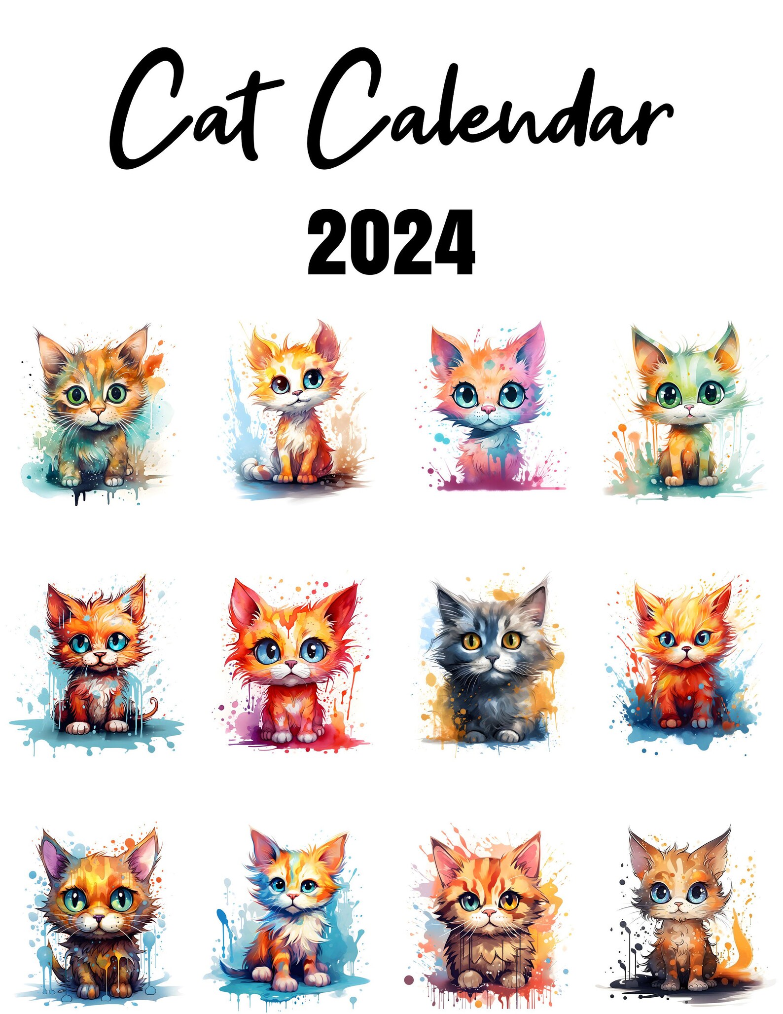 Cat Calendar 2024, Printable Calendar, Monthly Calendar Printable