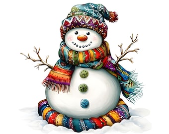 Clipart de muñeco de nieve, bufanda colorida, manualidad navideña (descarga digital)