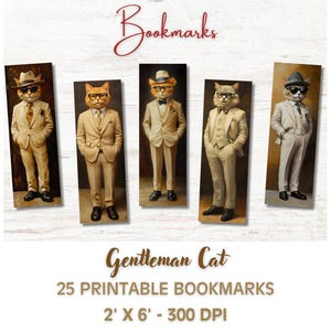 Antropomorfe Gentleman Cat afdrukbare bladwijzer, 25 png-olieverfschilderij digitale bladwijzers in levendige kleuren voor DIY & geschenken, grillige eigenzinnige kat