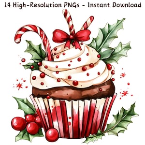 Aquarel kerst cupcake clipart, feestelijk dessert, vakantie zoete traktatie, doe-het-zelfprojecten, 14 png-bestanden, digitale download, commercieel gebruik