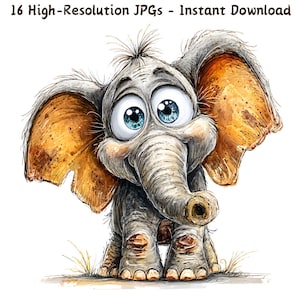 Aquarelle lunatique drôle d'éléphant | Art animalier original et mignon | 16 fichiers JPG | Journal indésirable | Téléchargement numérique instantané