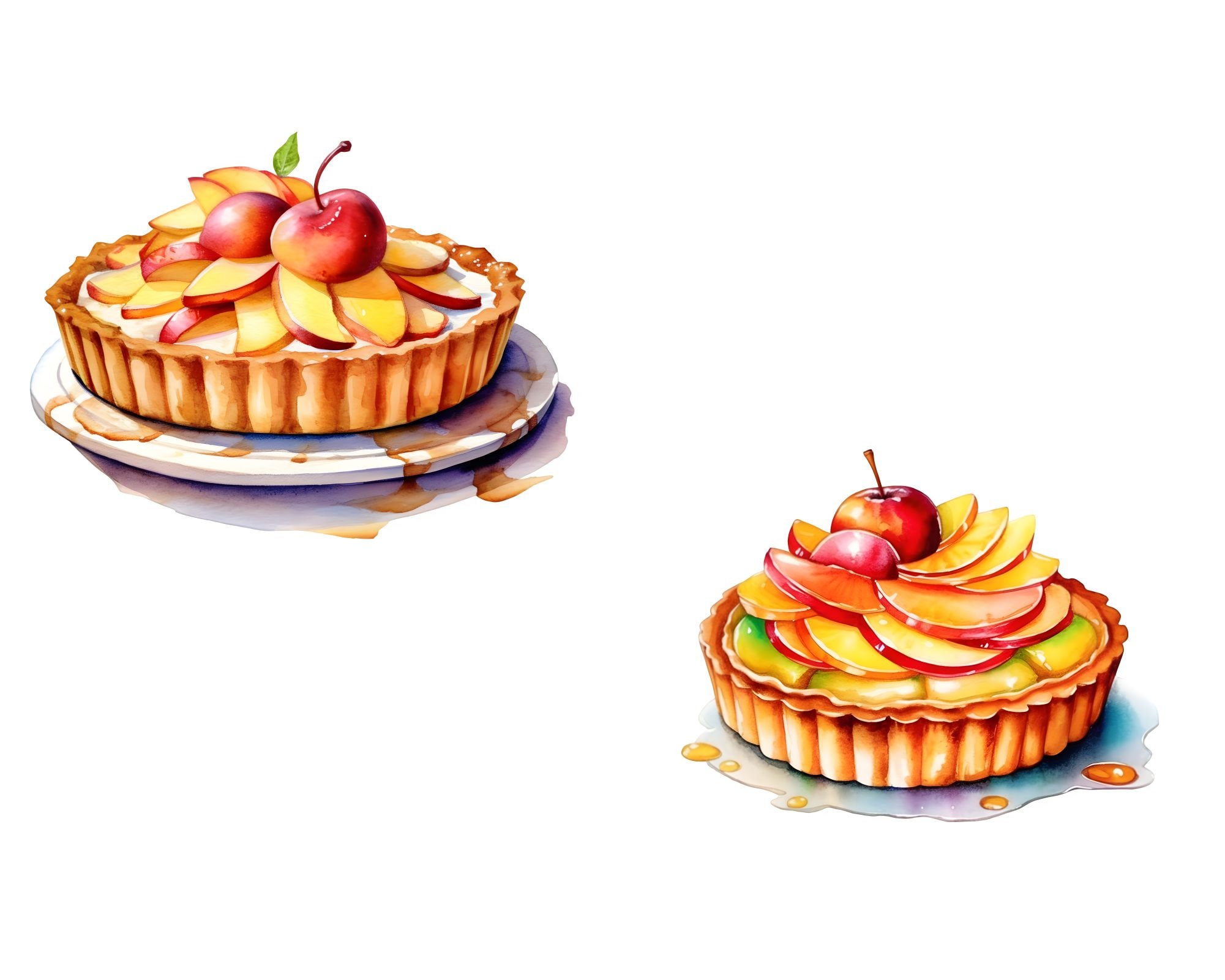 Watercolor Apple Tart Clipart, 16 PNG, Fruit Tart, Food Clipart