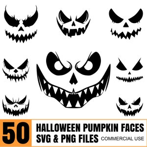 Halloween Pumpkin Faces Clipart, Spooky Jack-O&#39;-Lantern SVG & PNG Bundle, Halloween Silhouette Designs, 50 Digital Files, Commercial Use