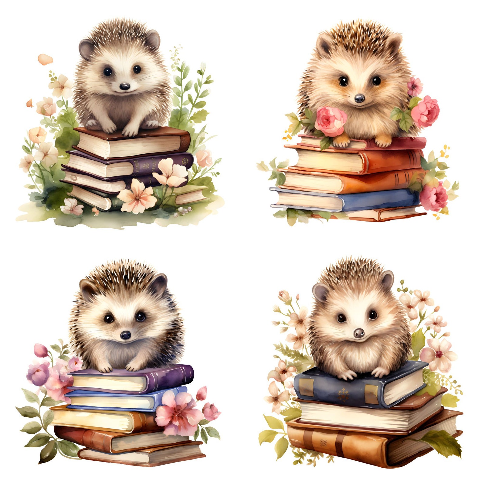 Watercolor Hedgehog Clipart: Books & Flowers (digital Download) - Etsy