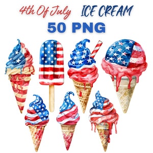 4th Of July Ice Cream Clipart: Patriotic Watercolor PNG Set (50 Files) (Digital Download)